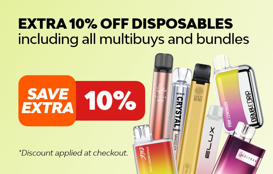 Get an extra 10% off any disposable vape and disposable vape bundle, including vape multibuys.