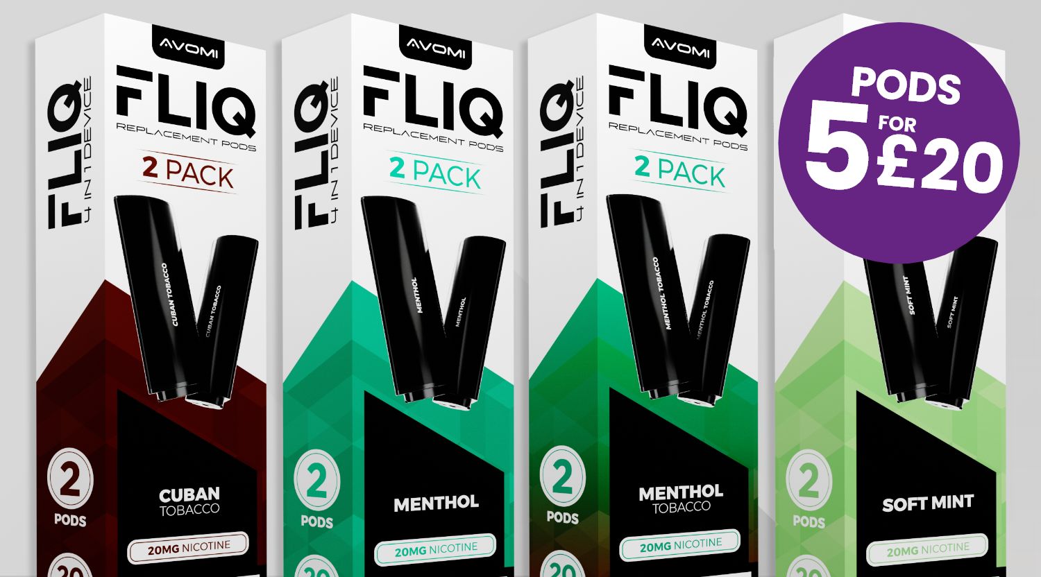 Images of the four new flavours of Avomi Fliq prefilled vape pods on Vampire Vape.