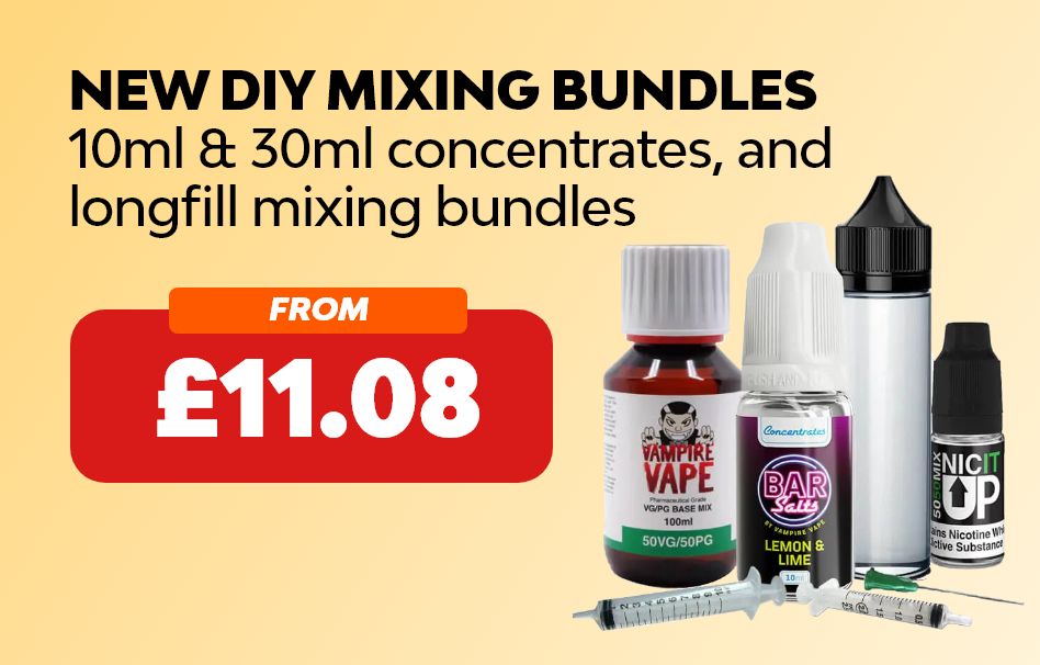 Explore new DIY vape mixing bundles with 10ml and 30ml concentrates, plus 60ml longfill vape juices for personalised blends.